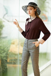 Satin Brown Neck-tie Long sleeve Blouse - FashionByTeresa